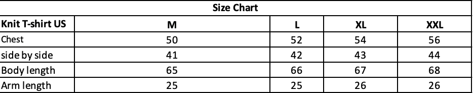 Size chart for knit t-shirt: chest, side by side, body length, arm length.
