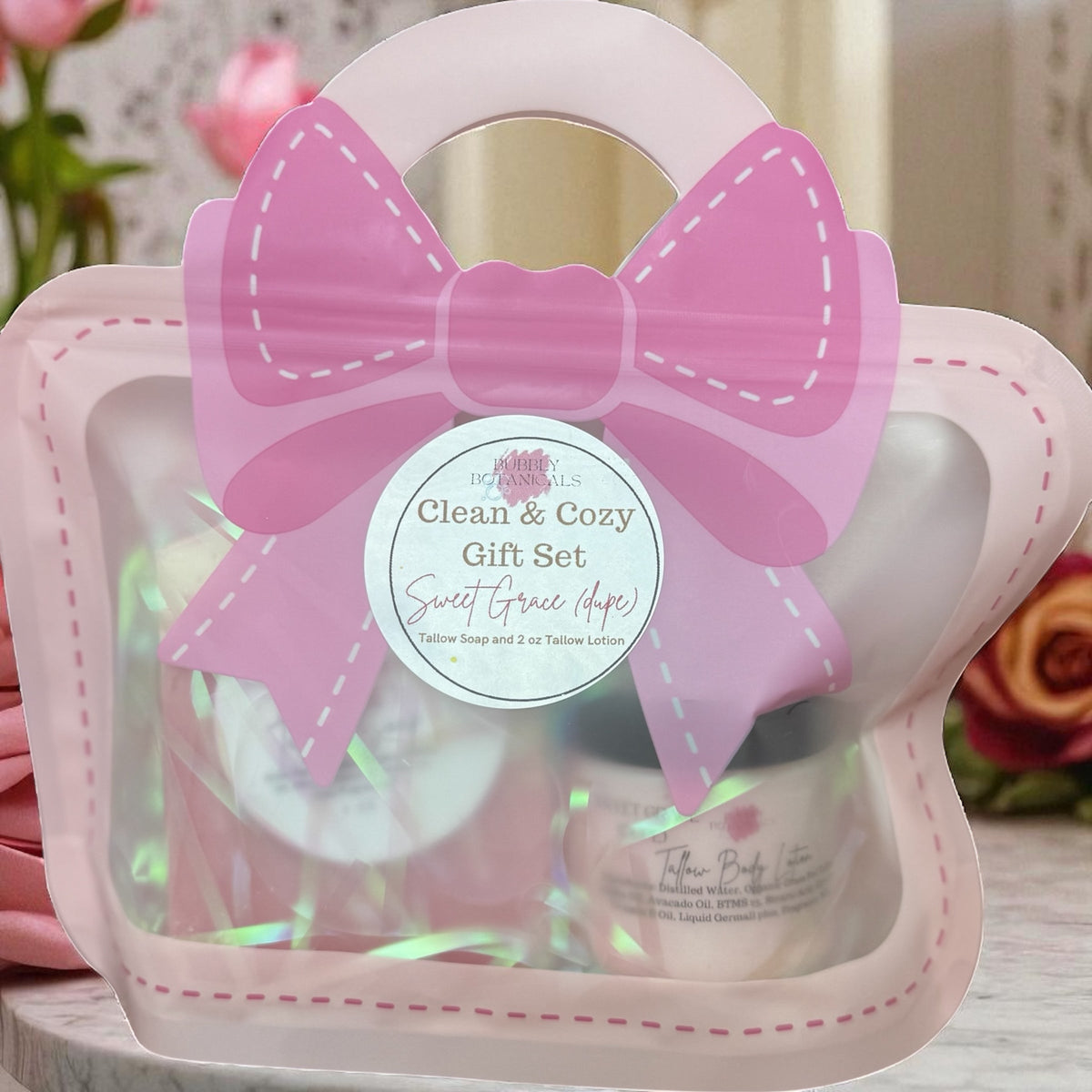 Natural tallow gift set in pink bow box with Sweet Grace label