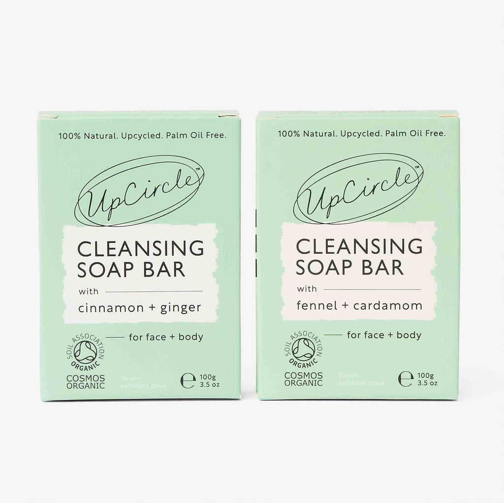 Two teal boxes labeled Cleansing Soap Bar with UpCircle logo and product details