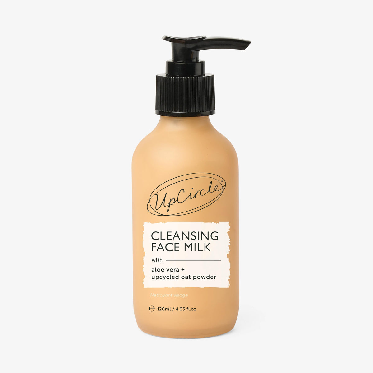 Cleansing face milk bottle with black pump, upcycled oat powder and aloe vera, 120 ml