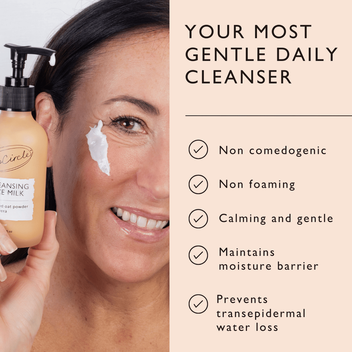 Cleansing face milk application on cheek with pump bottle nearby