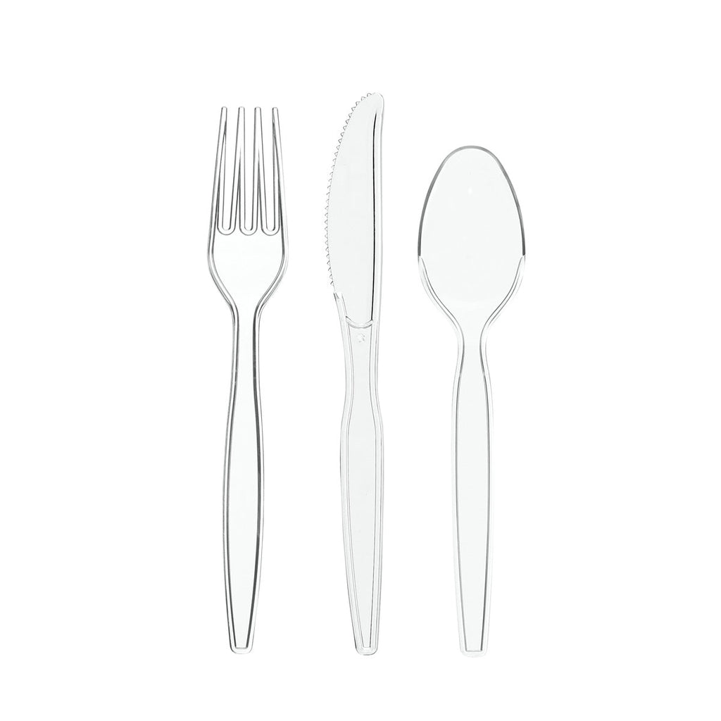 Set of clear plastic disposable forks, spoons, and knife