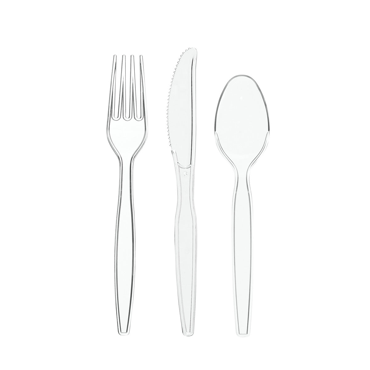 Set of clear plastic disposable forks, spoons, and knife
