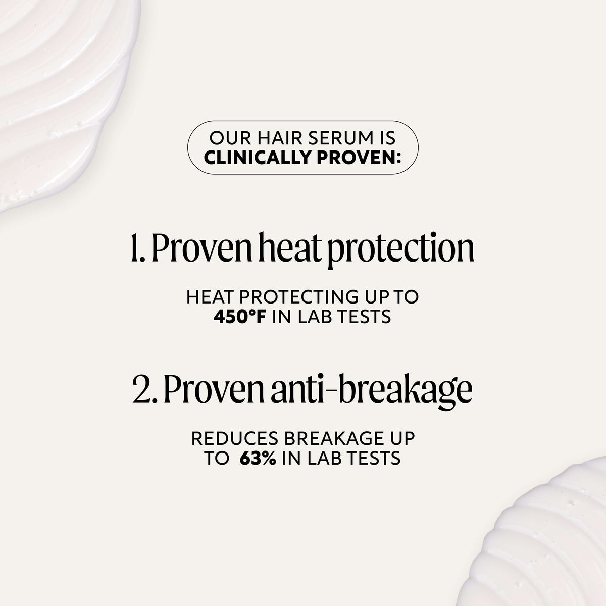 Hair serum benefits text panel highlighting heat protection up to 450°F