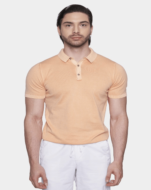 Mercerized cotton polo shirt in creamsicle orange, short sleeves, button placket