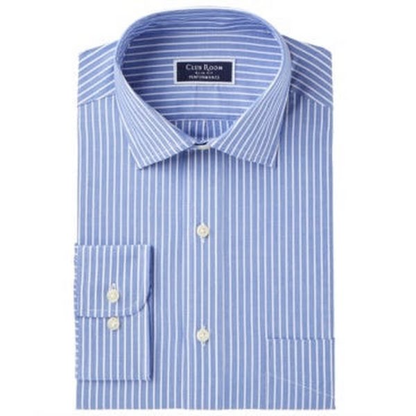 Light blue vertical-striped dress shirt, button front and barrel cuffs