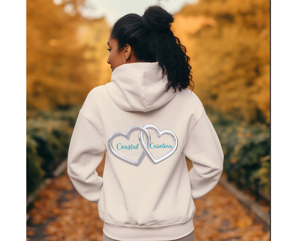 White pullover hoodie with silver interlocking heart graphic on back