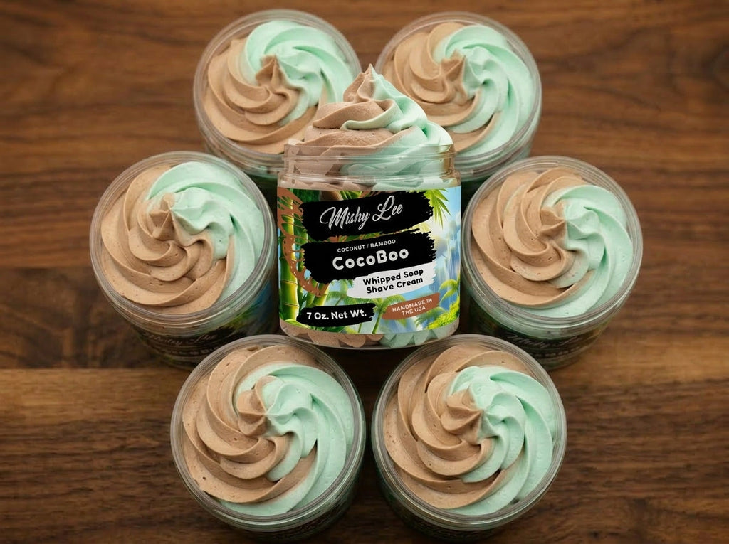 Five mini jars of mint and tan whipped soap and shave cream around CocoBoo jar