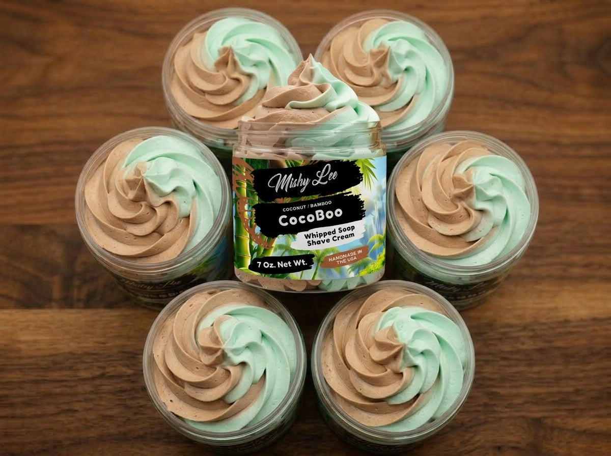 Five mini jars of mint and tan whipped soap and shave cream around CocoBoo jar