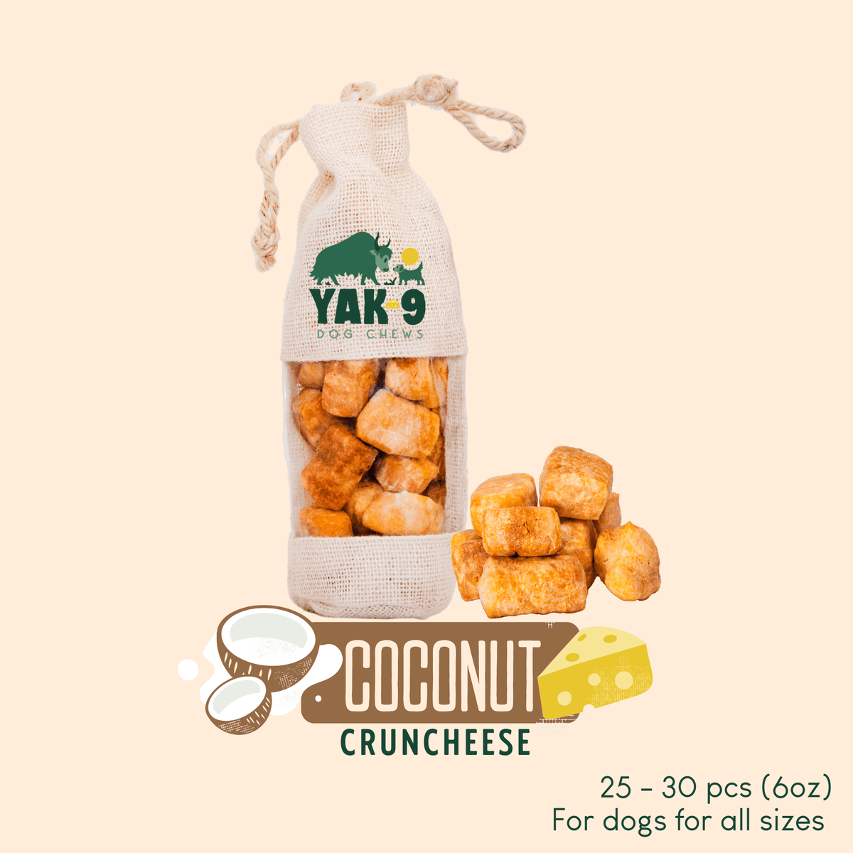 Yak 9 dog chews pouch with crunchy bites, Coconut flavor, cloth drawstring bag