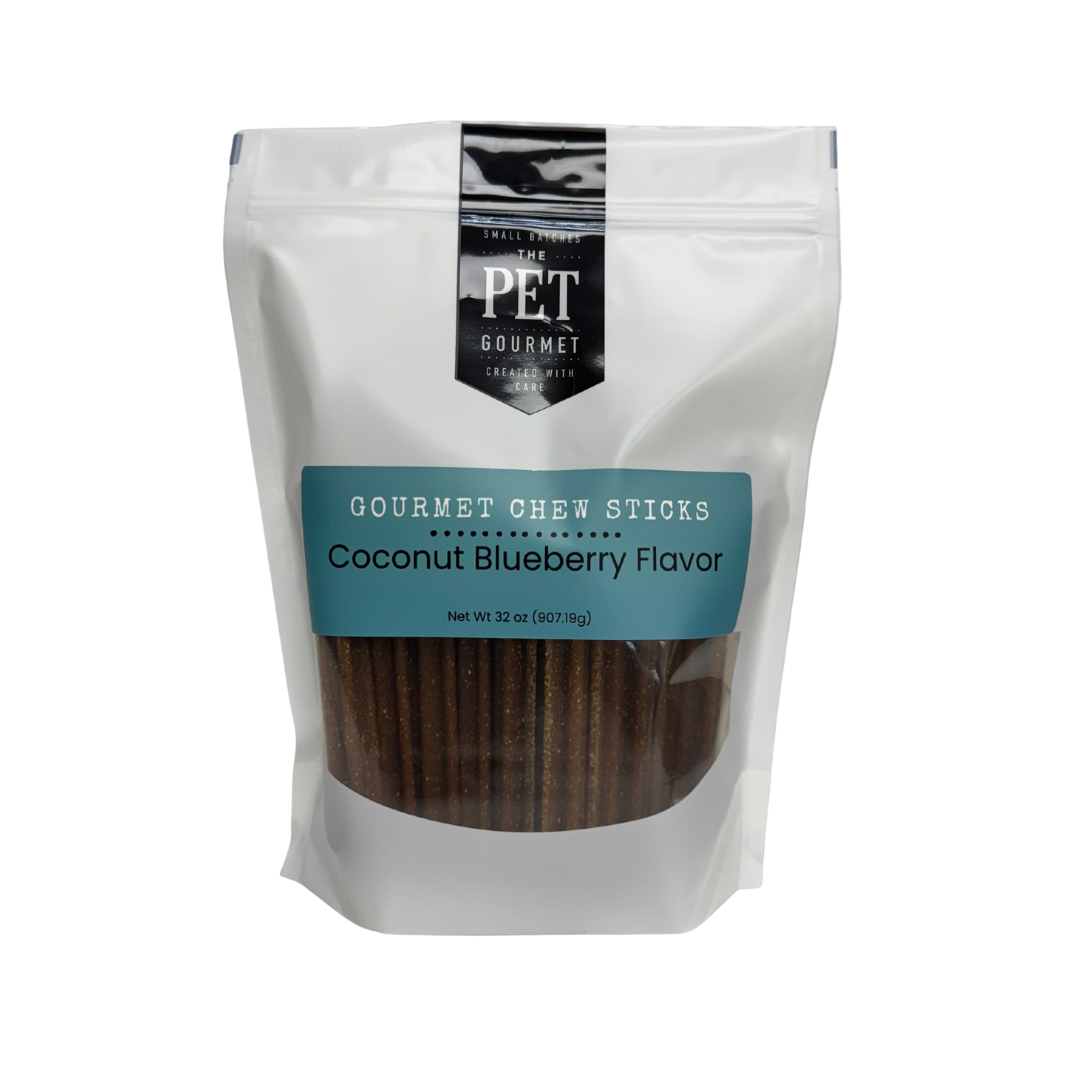 Dog gourmet chew sticks bag, Coconut Blueberry flavor, white bag with teal label