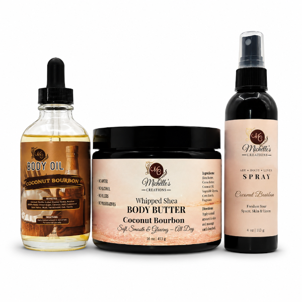 Body oil, whipped shea body butter, and body mist spray set—Coconut Bourbon