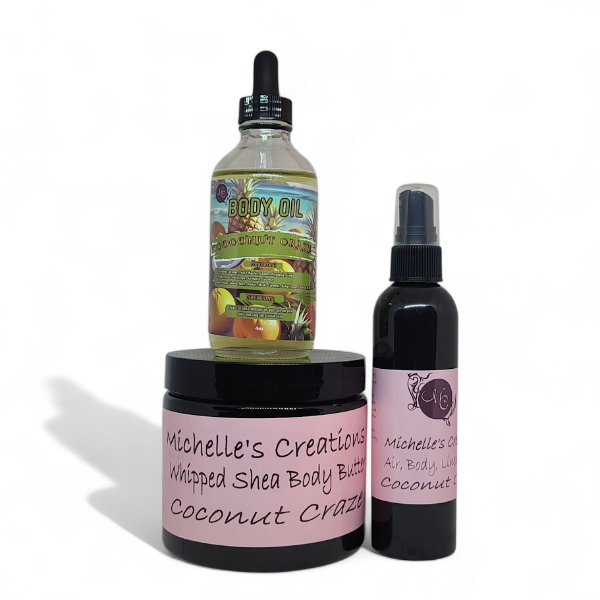 Coconut Craze body oil, whipped body butter jar, and air-body spray (3-piece set)
