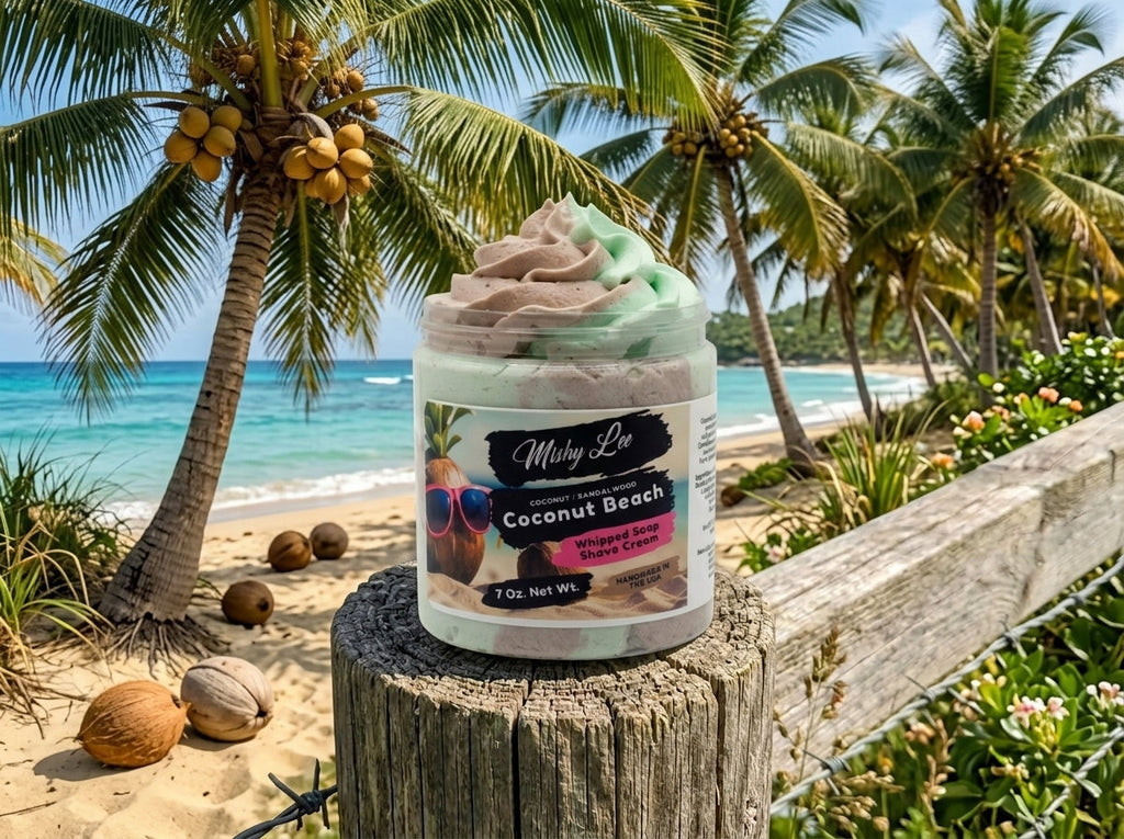 Whipped soap and shave cream jar with mint and brown swirls on a beachside log