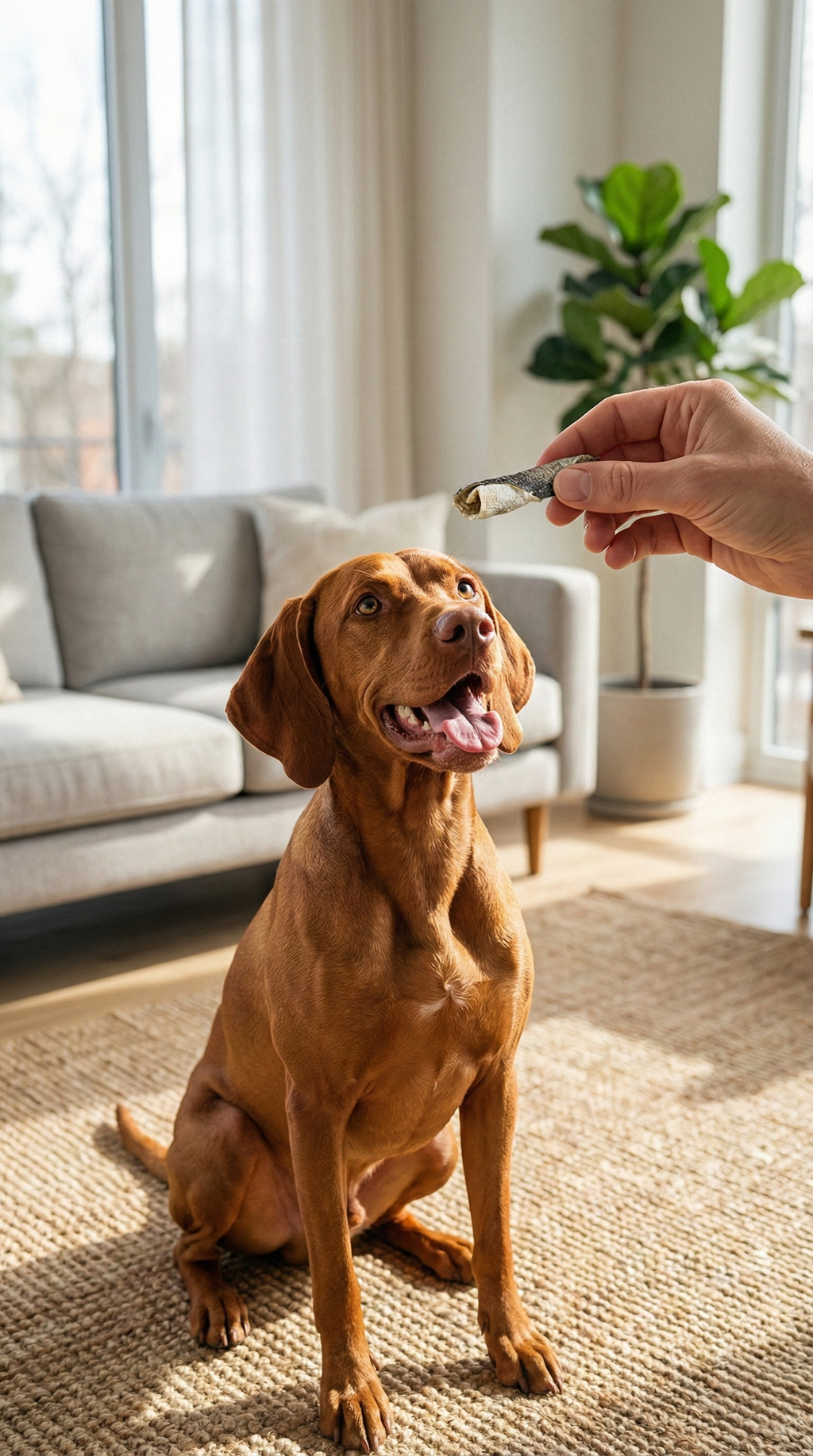 Dog receiving a small jerky treat from a hand, brown dog sitting