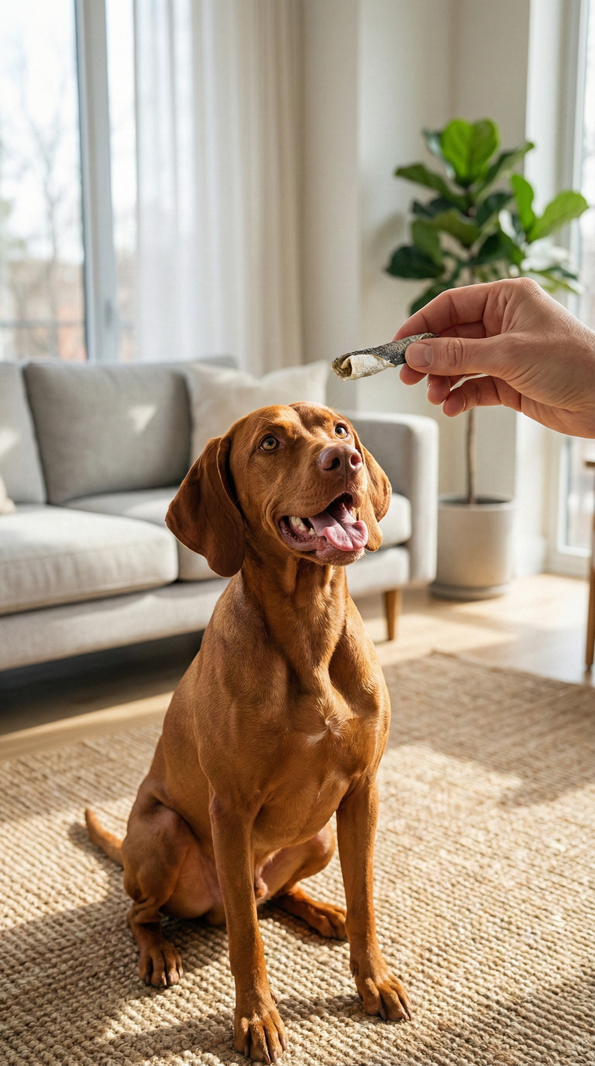 Dog receiving a small jerky treat from a hand, brown dog sitting