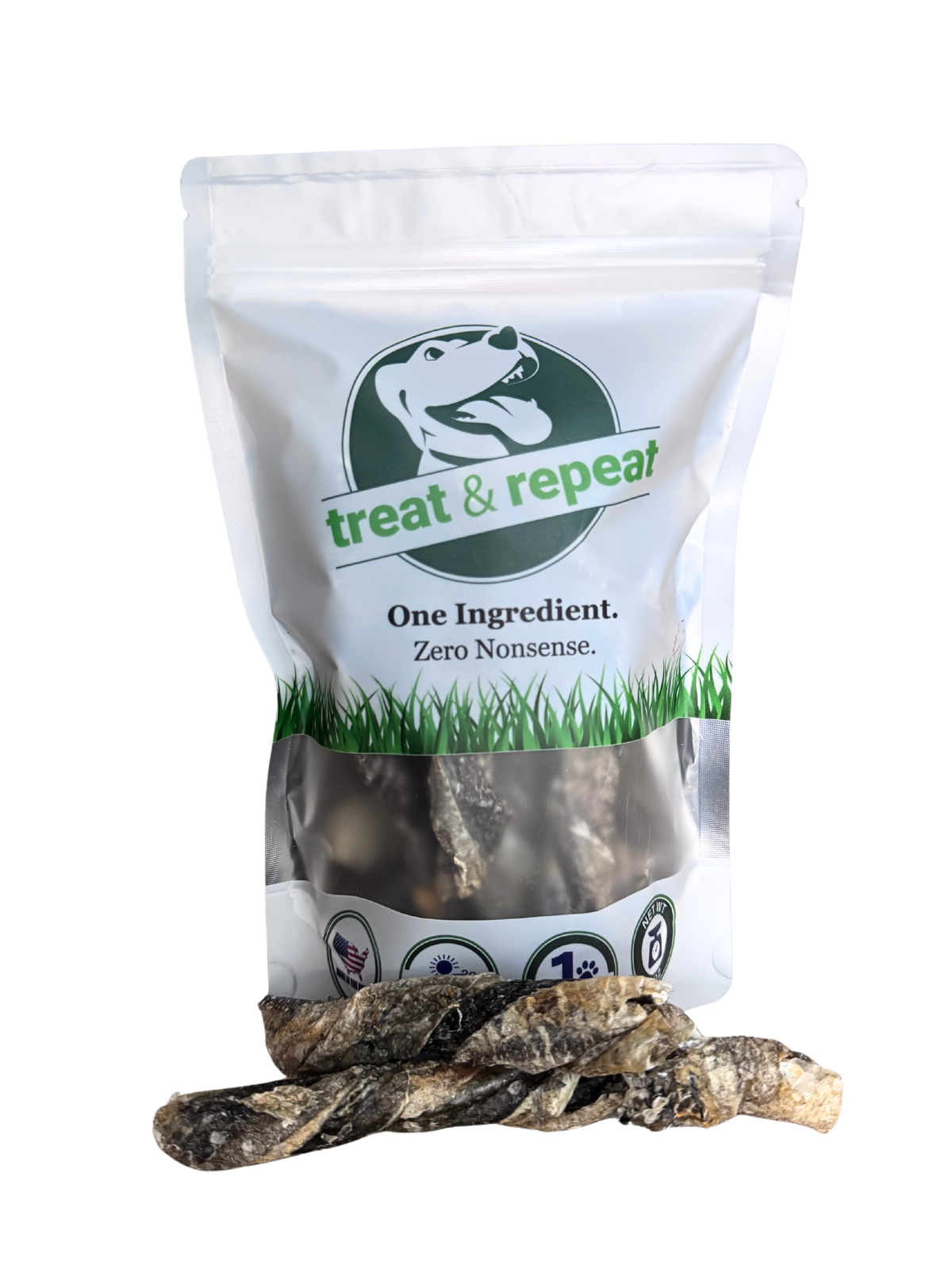 Treat & Repeat dog jerky treats in resealable bag with dog graphic
