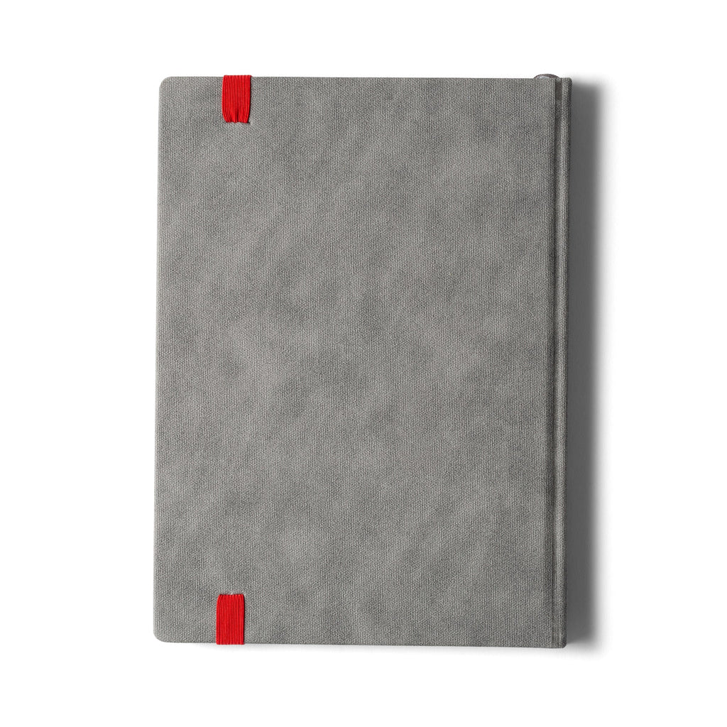 Gray habit system planner with red ribbon tabs at top and bottom on cover