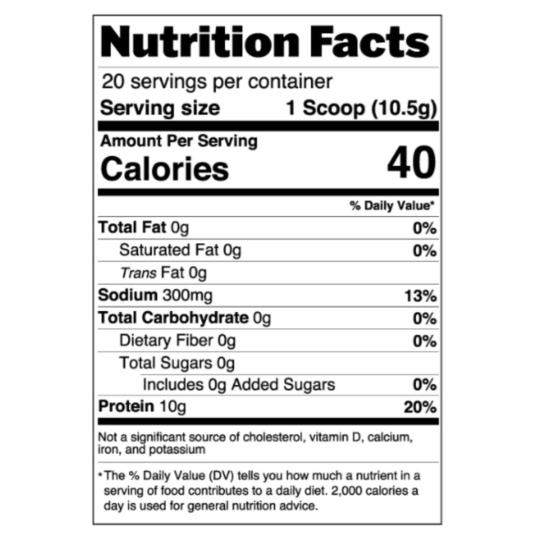 Nutrition Facts panel for collagen electrolyte powder, 40 calories, 10g protein, 300mg sodium