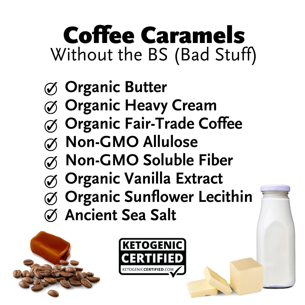 Coffee caramels ingredients list graphic with caramel pieces, milk and cream bottles