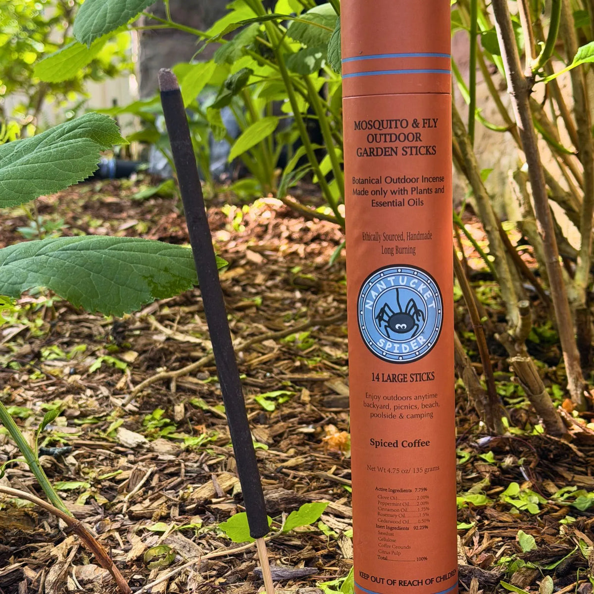 Spiced Coffee outdoor garden incense sticks tube, orange cylinder with black incense sticks