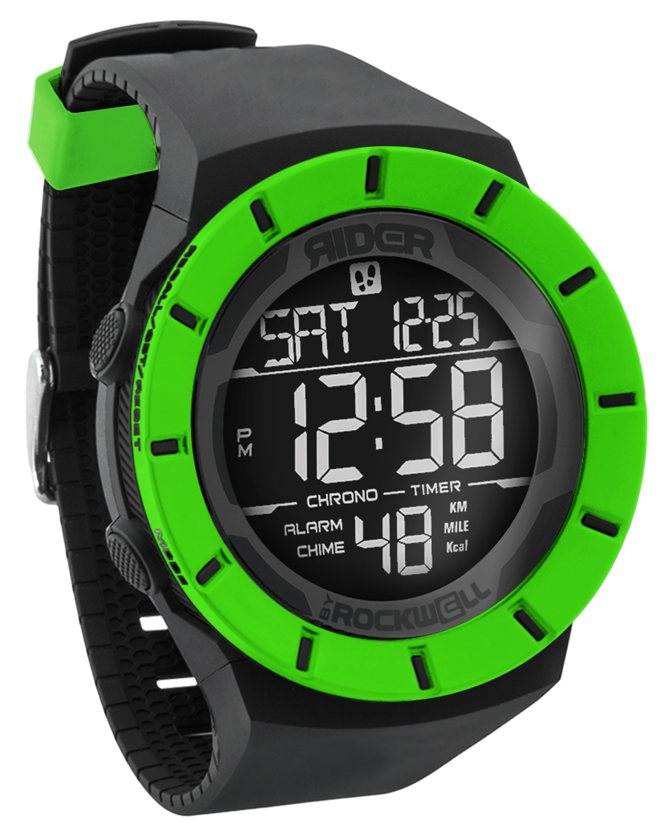 Black and neon green digital watch with large LCD display and textured strap