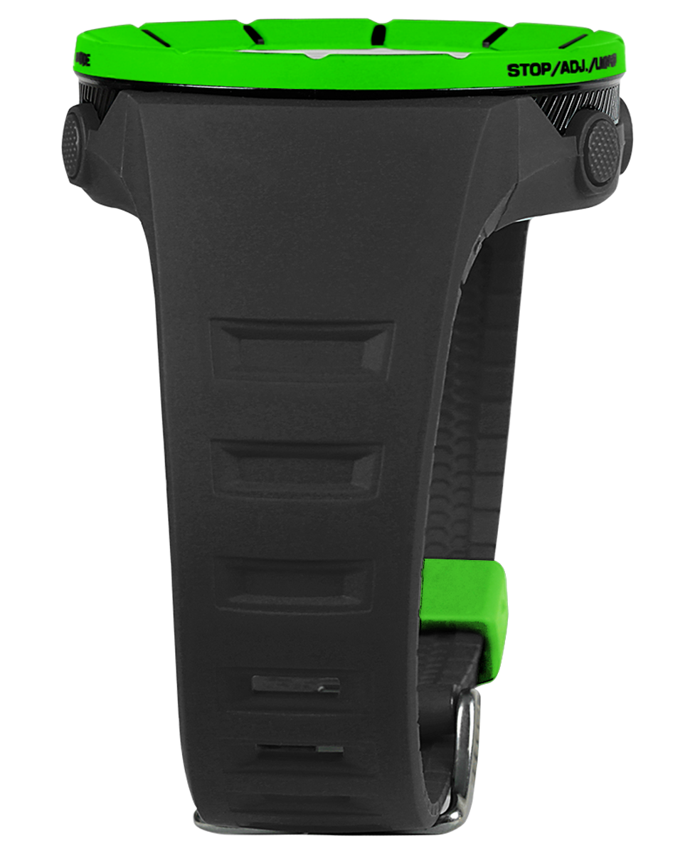 Black rugged watch case with neon green accent strap and side buttons