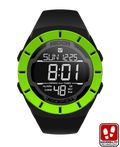 Black and neon green digital sport watch with round face and rubber strap