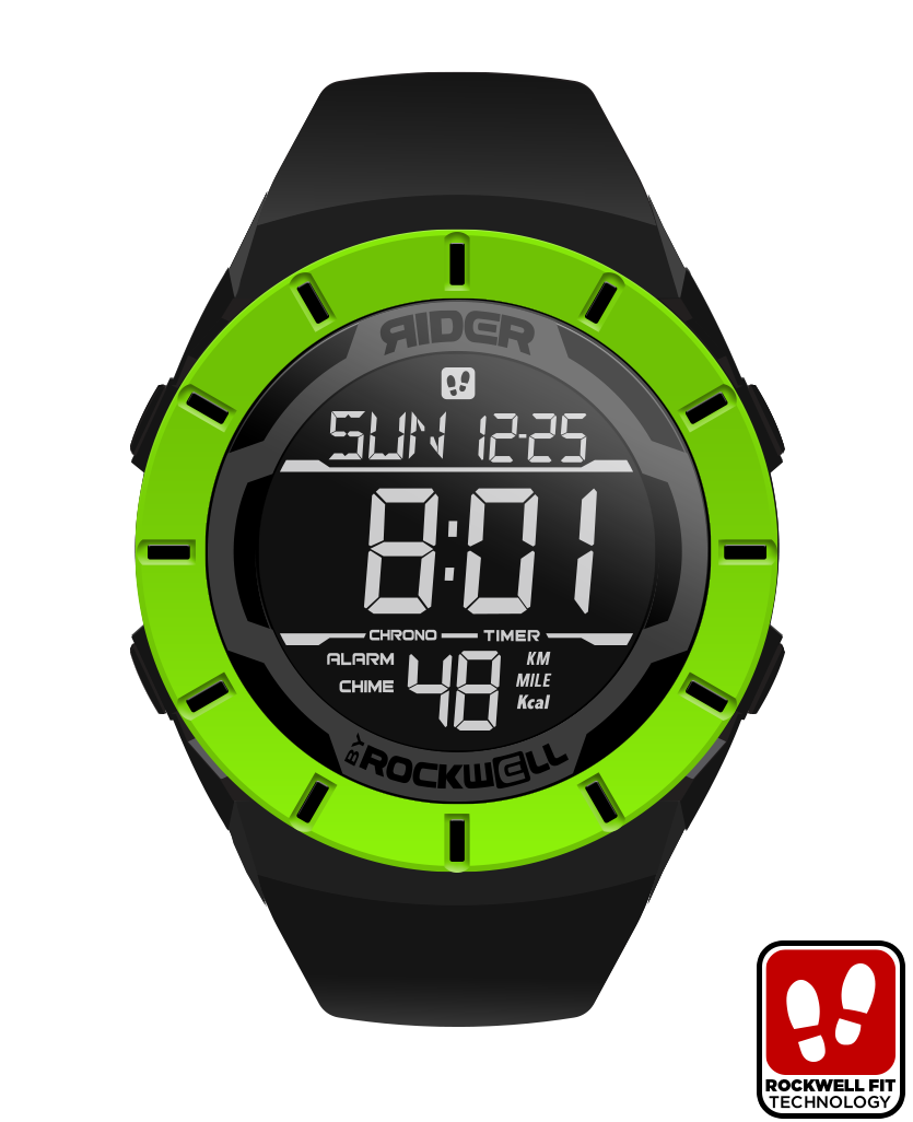 Black and neon green digital sport watch with round face and rubber strap