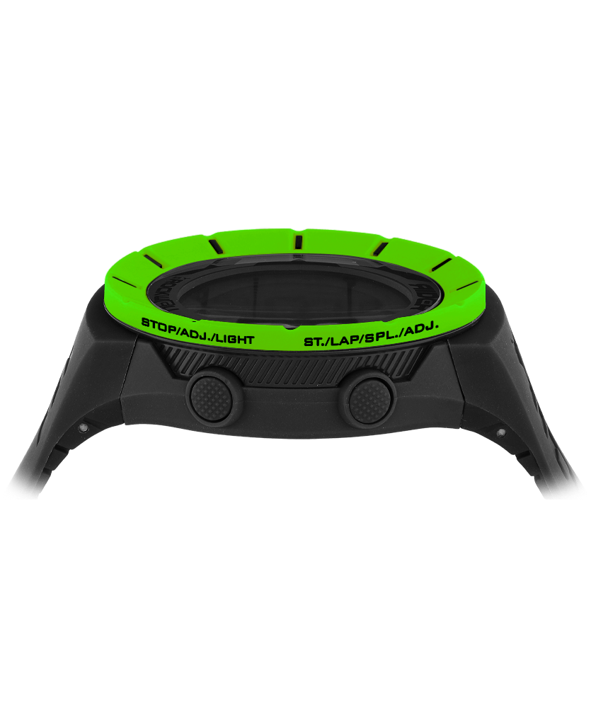 Black digital watch with neon green bezel and two crown buttons on top