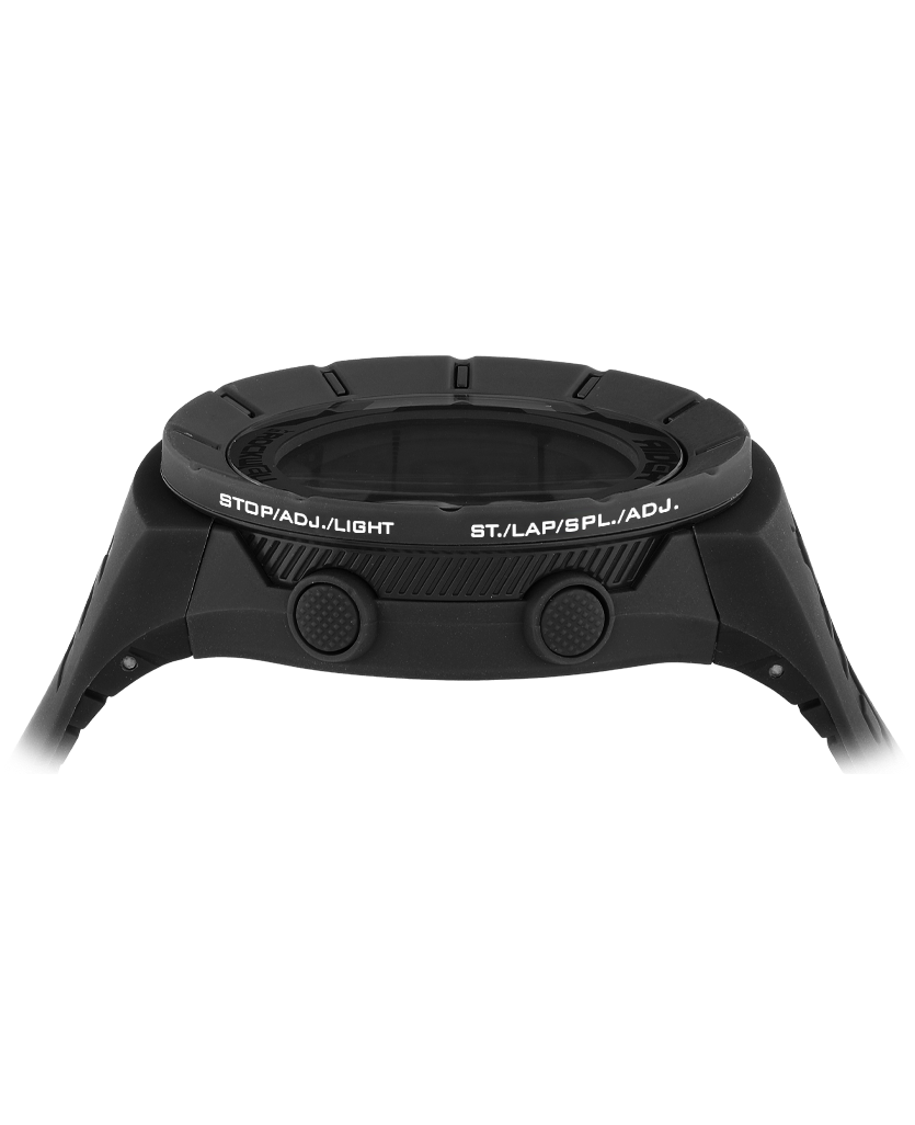 Black watch case top view with buttons and engraved bezel