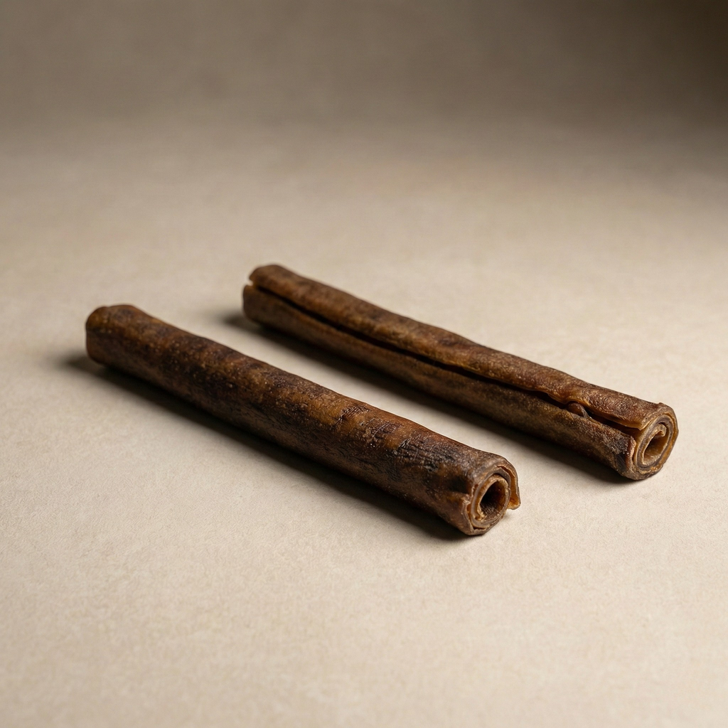 Collagen sticks, two dark brown rolled treat sticks on beige surface