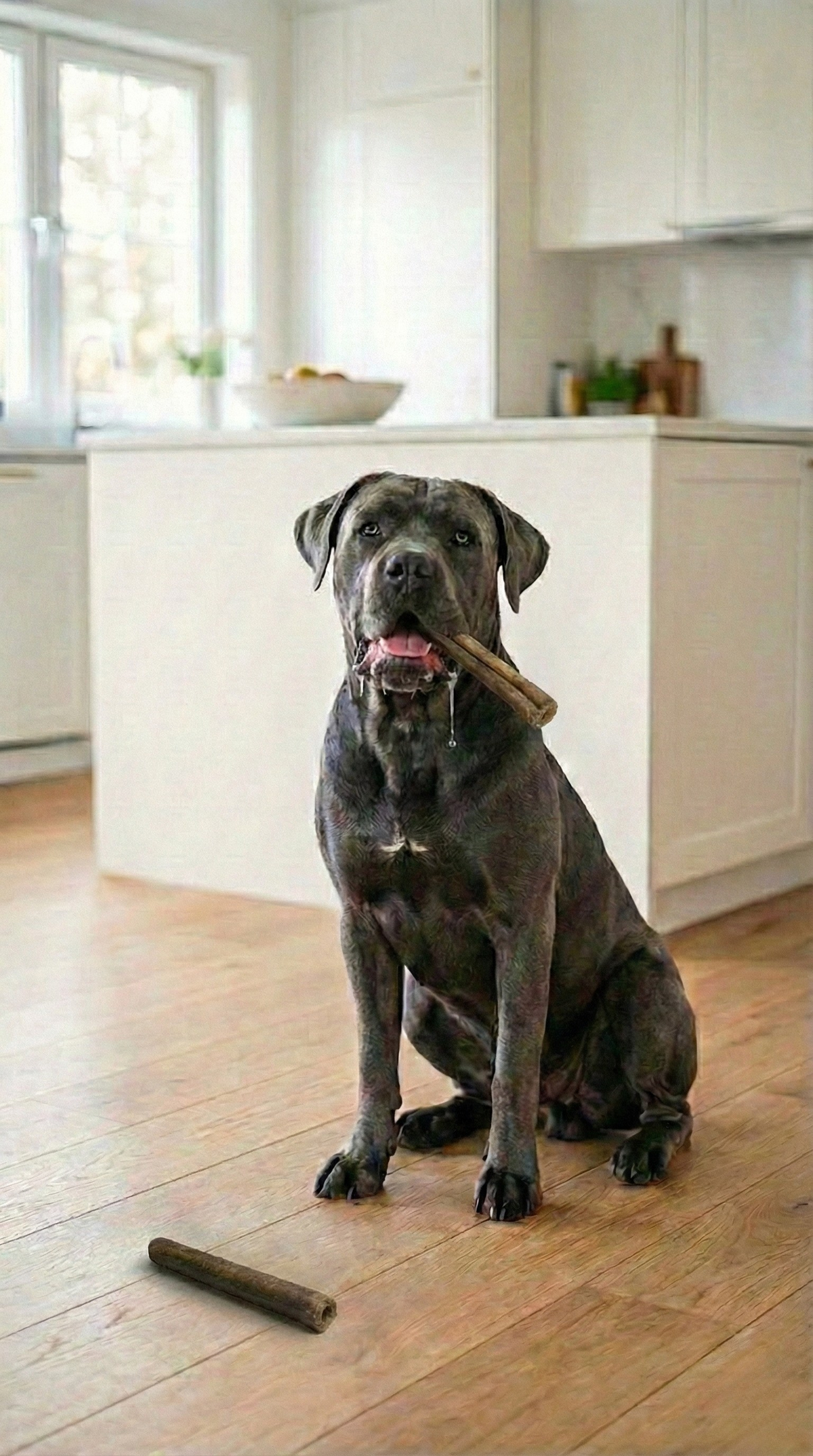Collagen stick treat near seated dog; dark brown rolled snack stick on floor