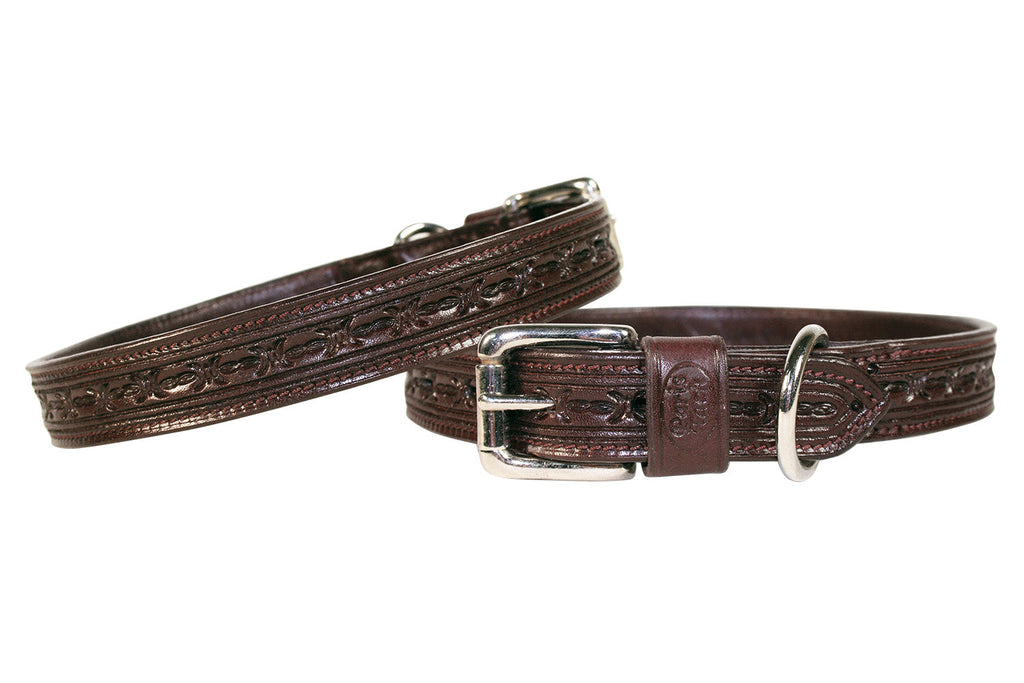 Brown leather dog collar with embossed barbed-wire pattern and stainless rolled buckle