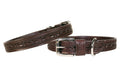 Brown leather dog collar with embossed barbed-wire pattern and stainless rolled buckle