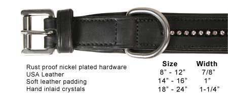 Black leather dog collar with metal buckle and crystal-studded strap