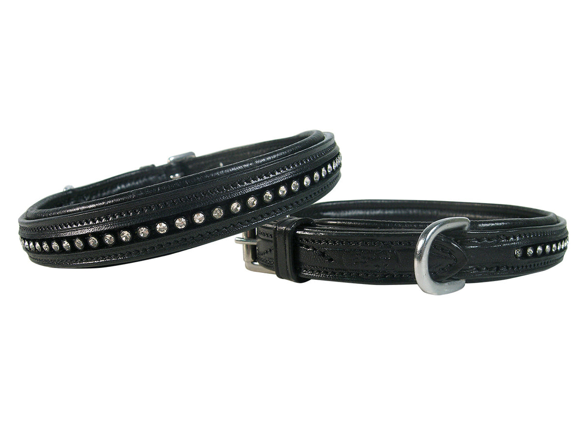 Black leather dog collar with crystal row and rolled stainless buckle, flat lay