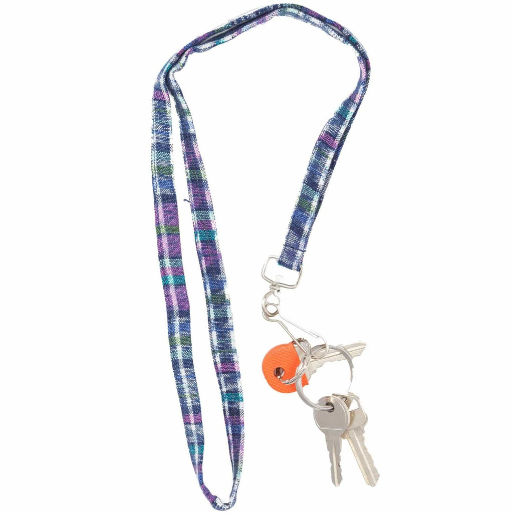 Blue and purple plaid lanyard with metal clasp and keyring with keys