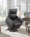 Dark gray lift recliner chair with power headrest and cushioned lumbar support