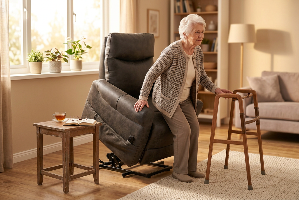 Dark gray power lift recliner shown reclined with full leg rest