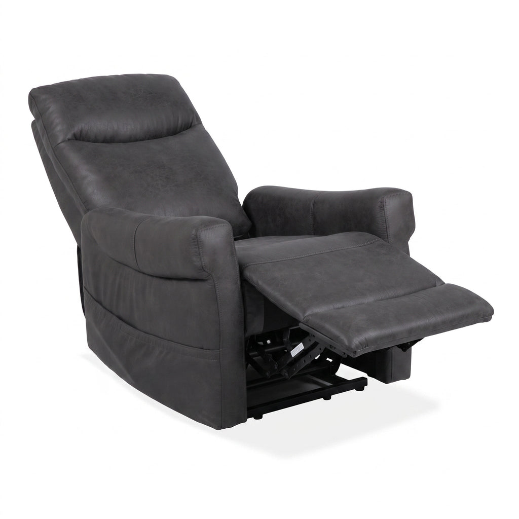 Dark gray power lift recliner with footrest extended, headrest raised, reclining