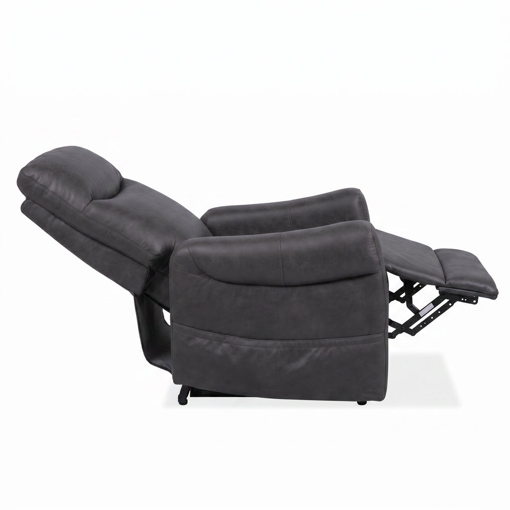 Dark gray power lift chair with extended footrest and cushioned headrest, reclined