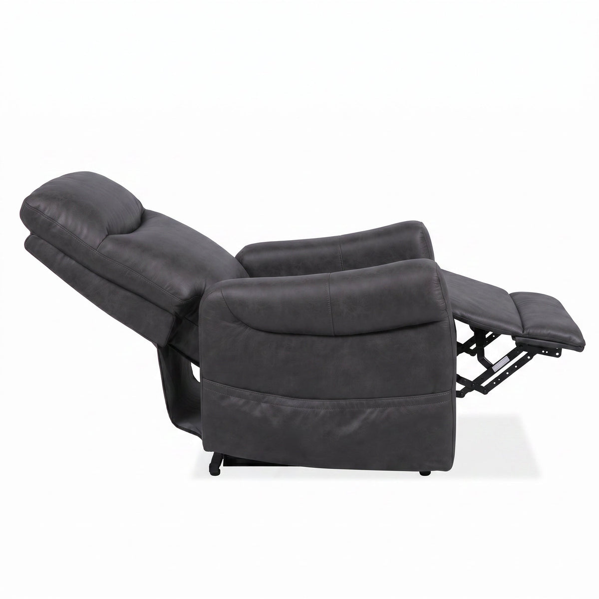 Dark gray power lift chair with extended footrest and cushioned headrest, reclined