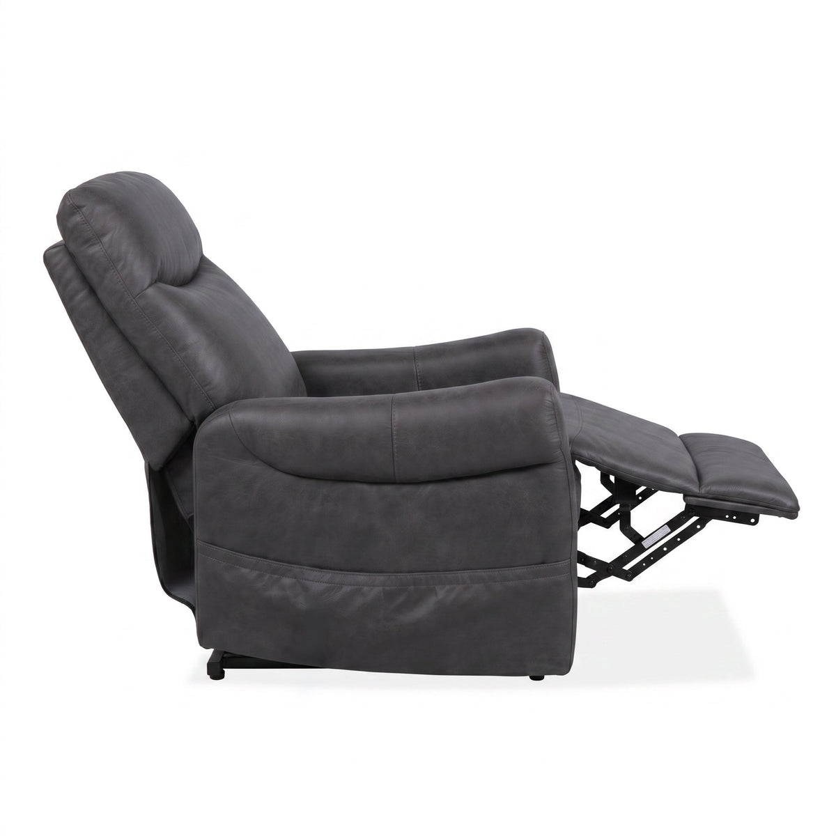 Dark gray lift chair with power headrest, reclined seat and visible lift mechanism
