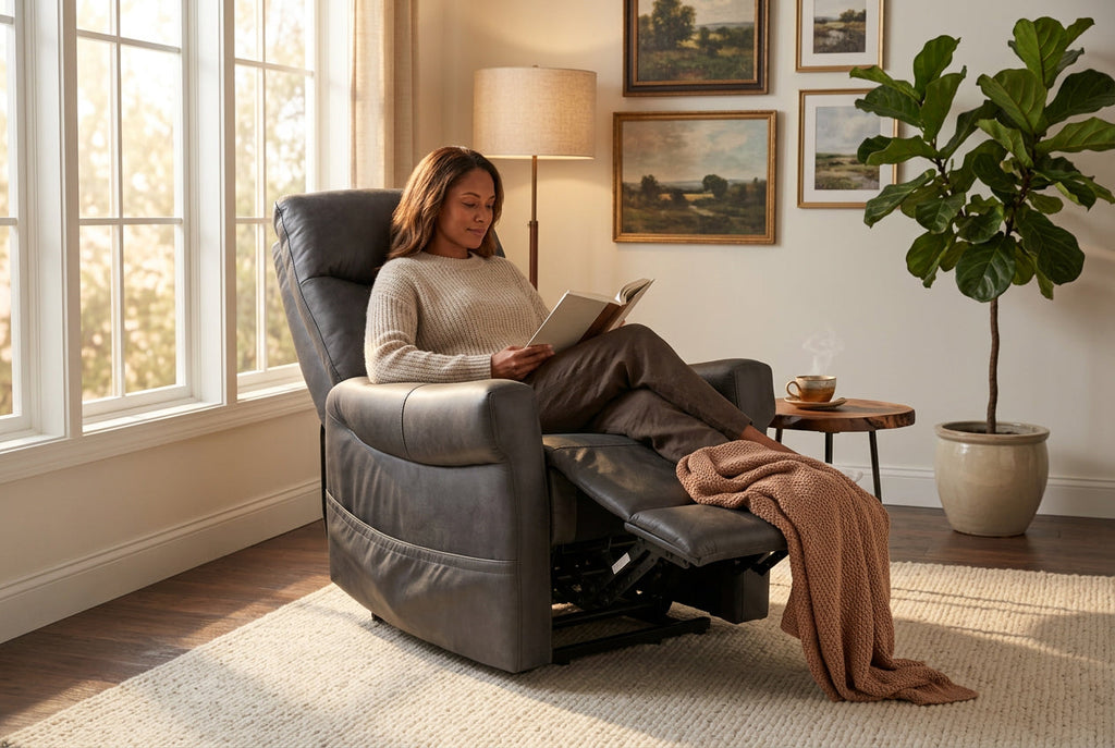 Charcoal gray recliner chair with power headrest and wide padded seat