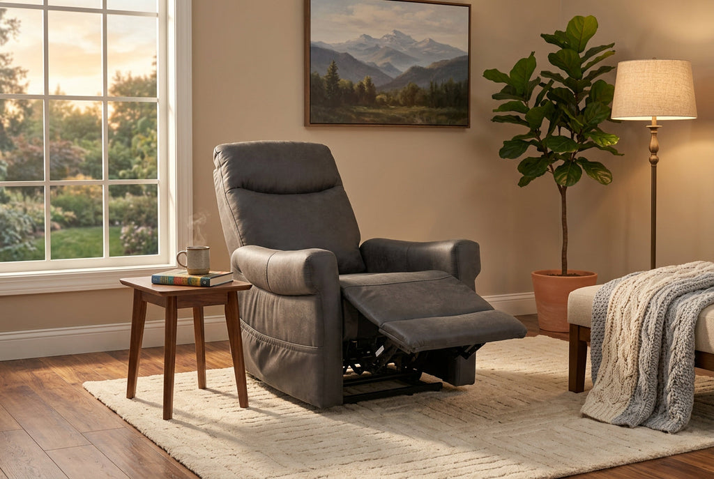 Charcoal gray lift recliner with extended footrest and power recline base