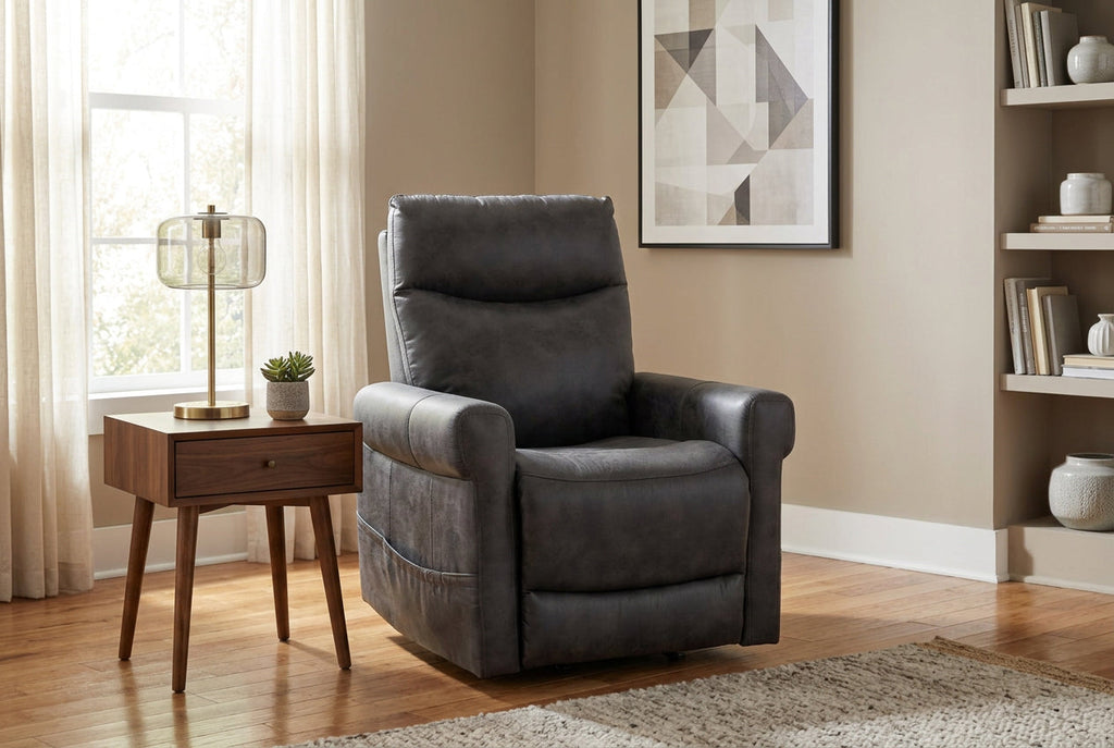 Dark gray reclining lift chair with supportive headrest and side arm padding