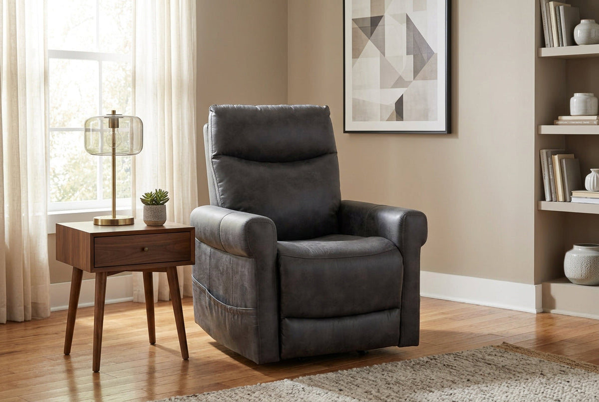 Dark gray reclining lift chair with supportive headrest and side arm padding