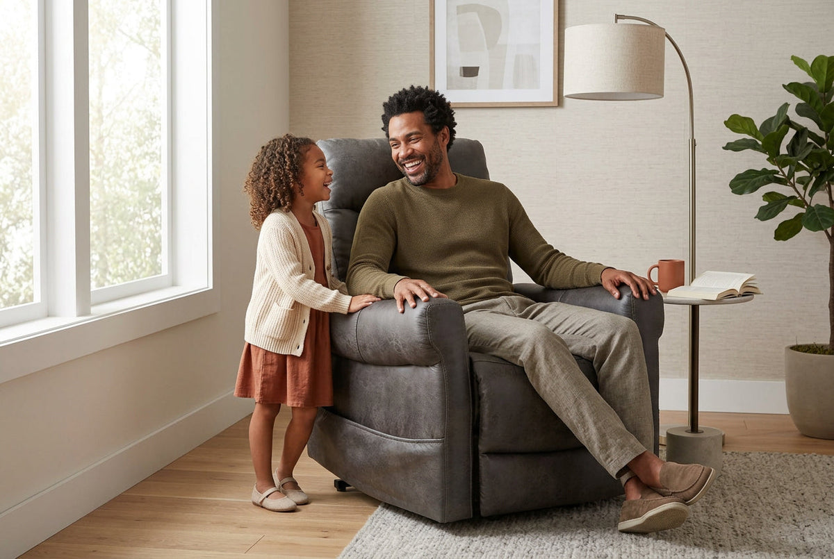 Dark gray lift recliner chair with two-person reclined position and arm support