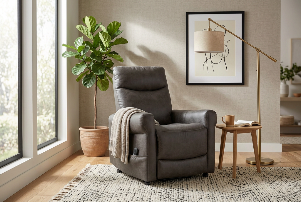 Dark gray lift recliner with power headrest, padded armrests, upright position
